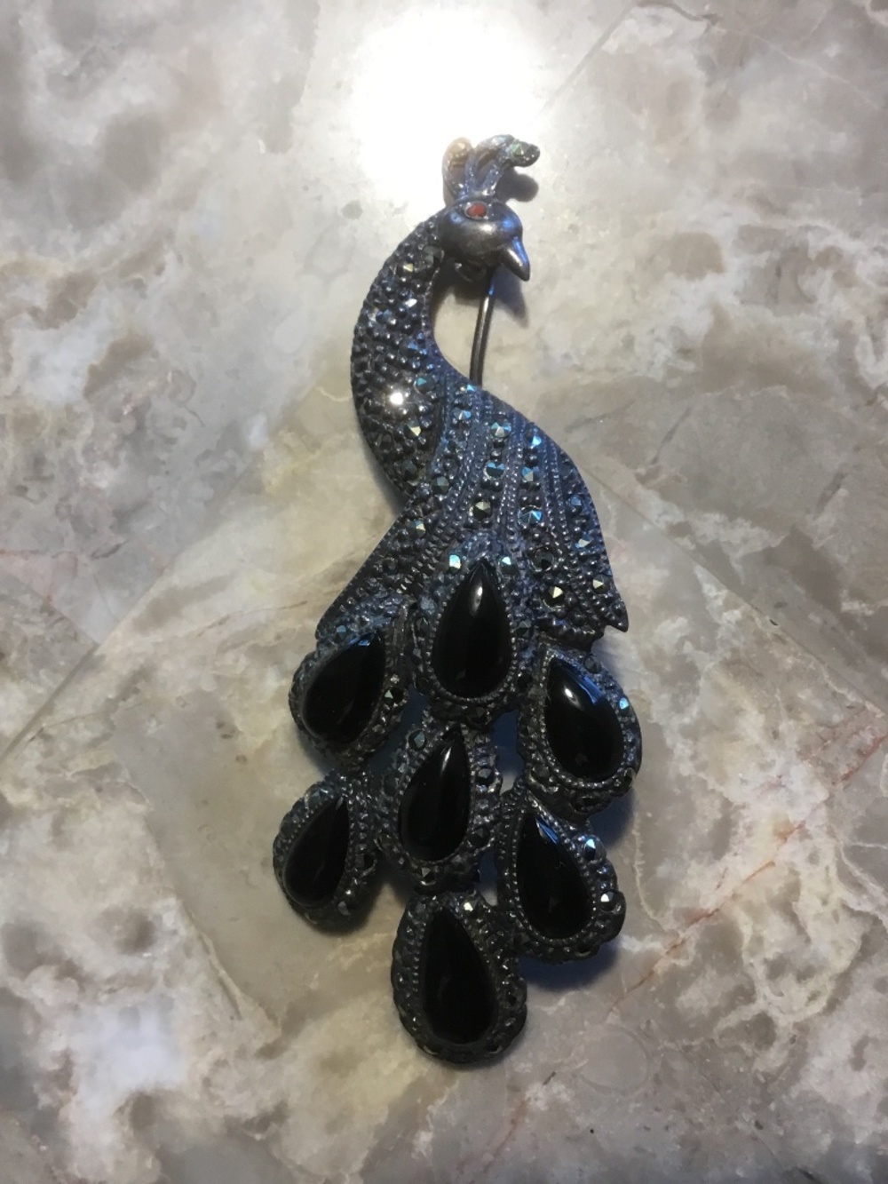 Sterling 925 ONYX Peacock Brooch (latch hook missing) - Picture 9 of 11